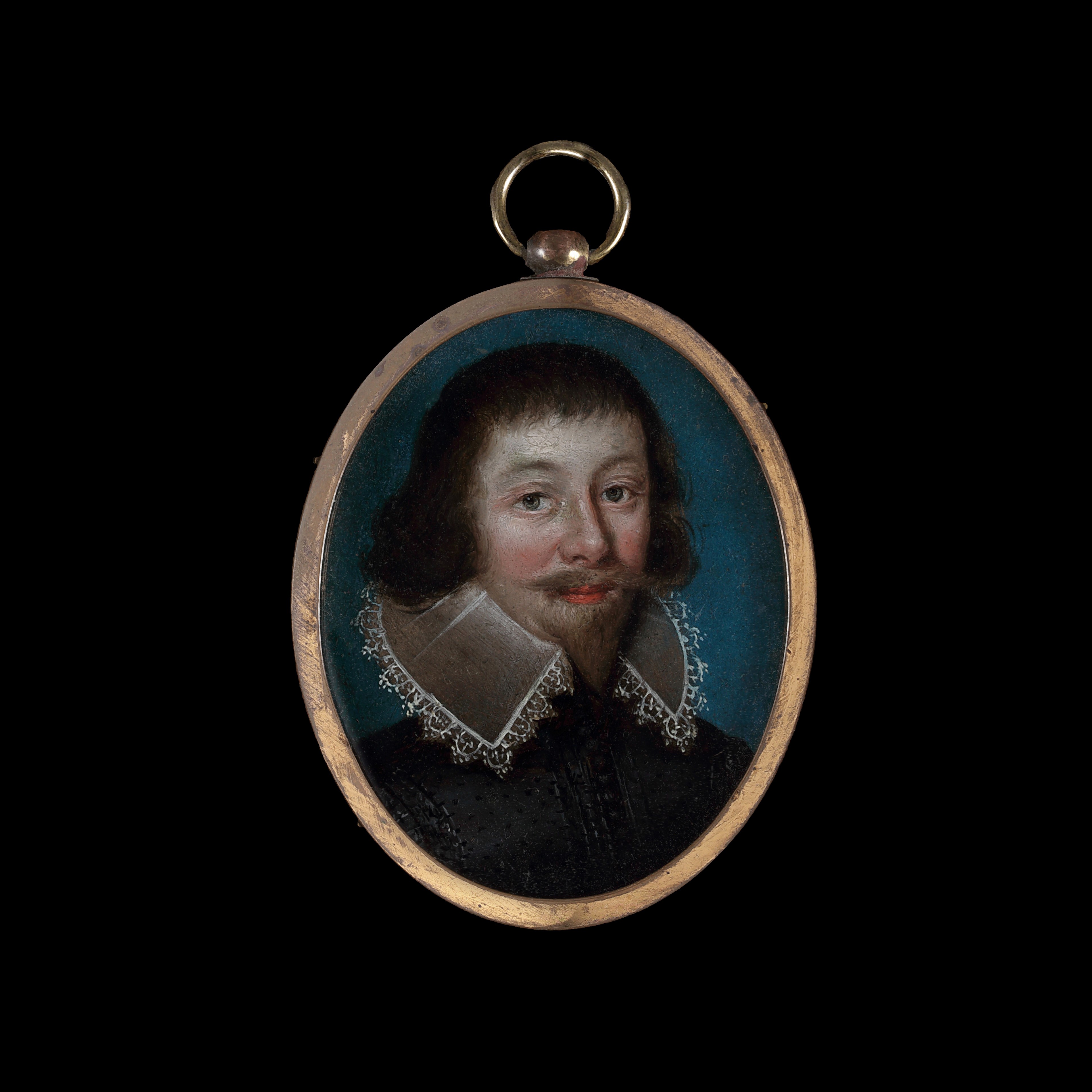 Portrait oil of a gentleman, wearing a lace-trimmed rebato collar and a black embroidered jacket 